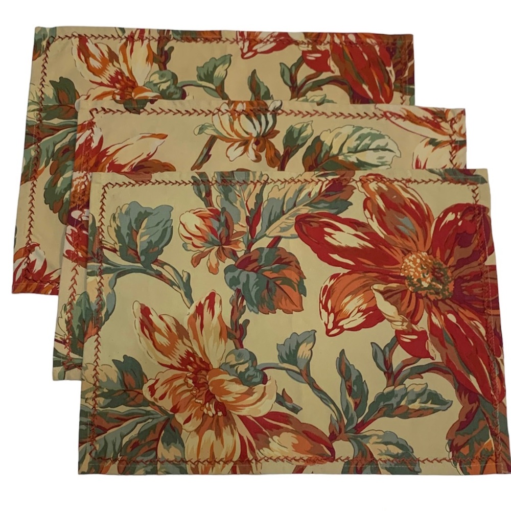April Cornell Florals Magnolias Tan Red Orange (3) Placements Embroidered Trim